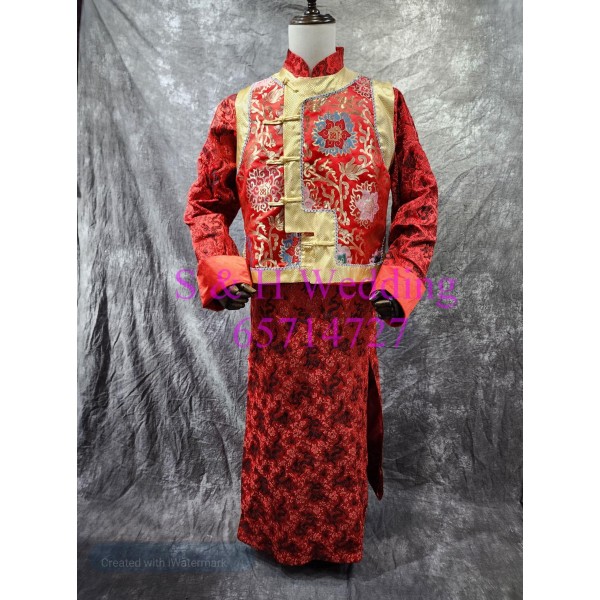 新郎馬褂| 長袍馬褂|復古唐裝 |男士馬褂 - 黑金紅色馬褂 (租用) CM025 新郎馬褂| 長袍馬褂|復古唐裝 |男士馬褂 - 黑金紅色馬褂 (租用) CM025