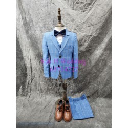 藍色- 淺藍色格仔小童西裝禮服五件裝- 100-160尺碼 (購買價) KB034