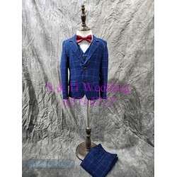 藍色- 深藍色格仔中小童西裝禮服五件裝 100-170尺碼 (購買價) KB039