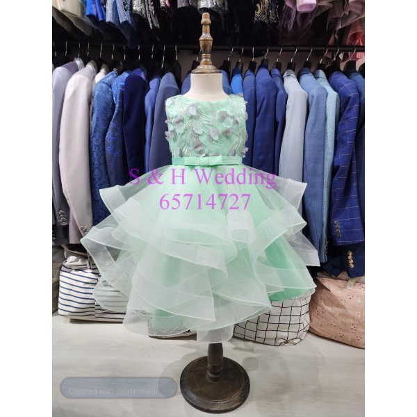 童裝晩裝粉綠幻彩色花女裙 華服日 Party Dress (全新購買價)-KG057