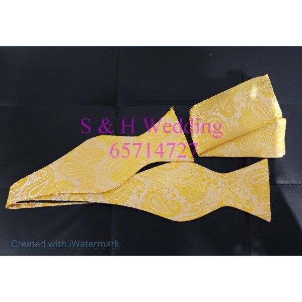男士手打領結. 紳士手打bowtie+袋巾 (黃色復古暗花 ) (購買價) MA075