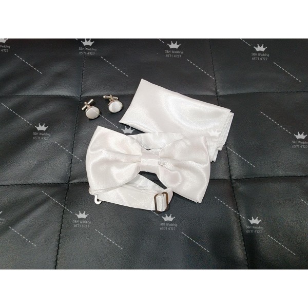 男士bowtie+袋巾+手袖鈕-白色.鍛布 (購買價) MA046