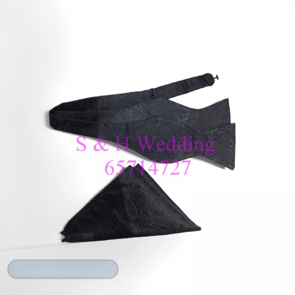 男士手打領結. 紳士手打bowtie+袋巾 (黑色復古暗花 ) (購買價) MA133