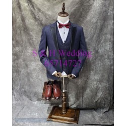 藍色- 深藍色細格男士禮服一套 MT052 (租用或購買) 