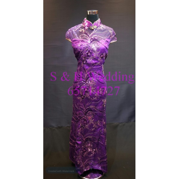 紫色魚尾短袖旗袍｜30吋腰｜ 媽媽衫WM028 (租用)
