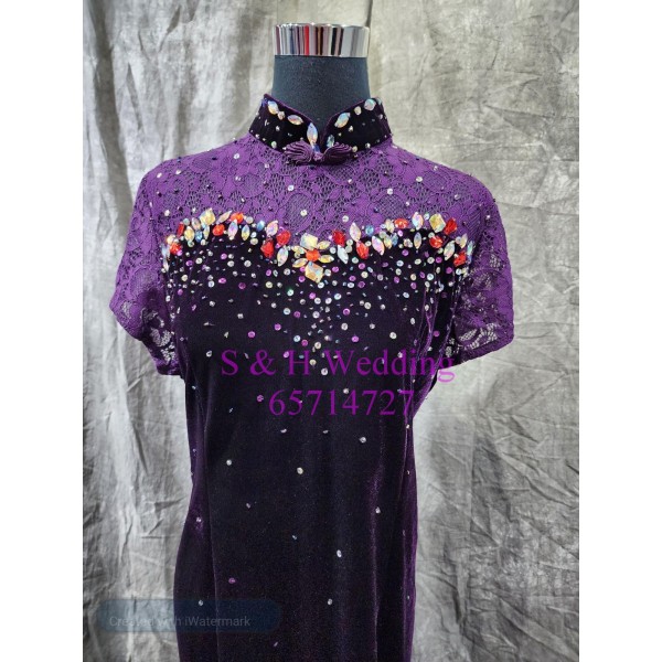 紫色閃石蕾絲 絲絨旗袍 XXXXL 約38吋腰大碼媽媽衫 奶奶裙 WM062 (租用)