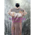 粉橙色珠片短袖旗袍 媽媽衫 WM064 租用