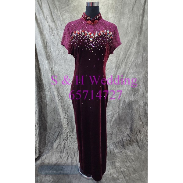深紅色閃石蕾絲絲絨旗袍 XXXL 媽媽衫 奶奶裙 WM066 (租用)