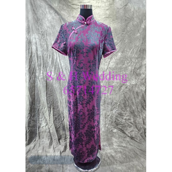紫色旗袍黑色印花 XXXL 媽媽衫 奶奶裙 WM079 (租用)