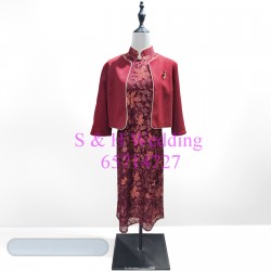 紅色- 紅色繡線旗袍+中長袖外套｜中式旗袍｜腰約36吋 媽媽衫 WM120 (租用或購買)